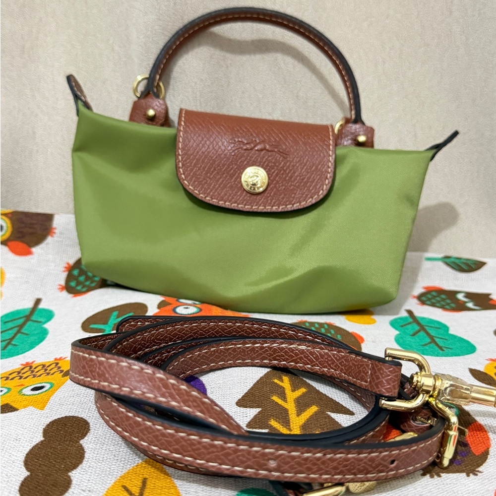 Longchamp Olive Green Nylon Mini Handbag with Brown Leather Trim
